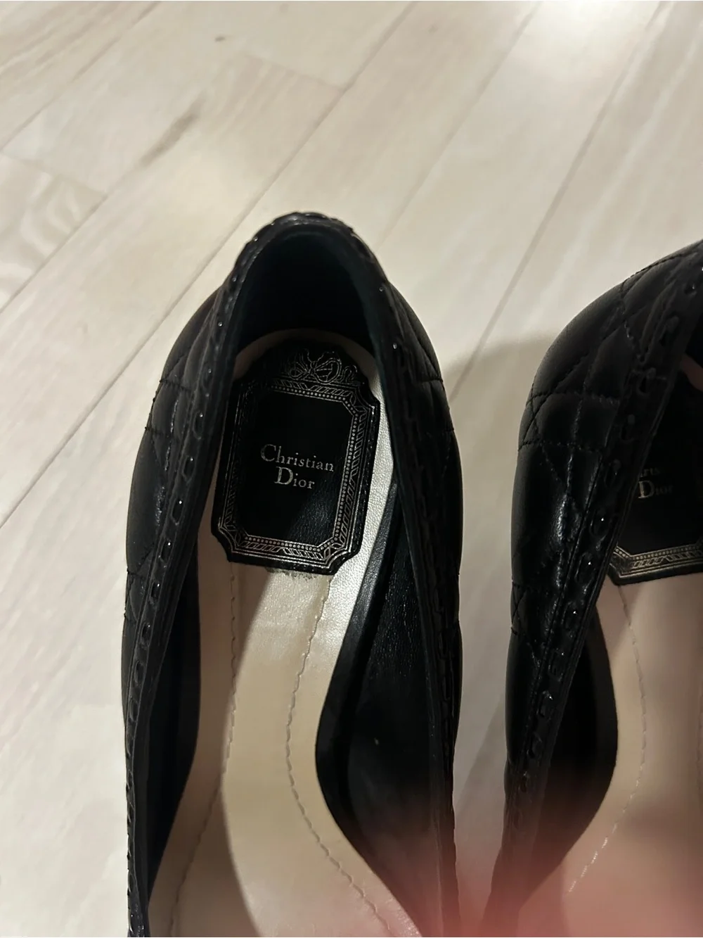 Dior Black Quilted Cannage leather heels.  Gold CD Bow
